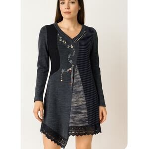 MOKA Sport Medium Charcoal Gray Artsy button lace embellished knit flirt SZ M